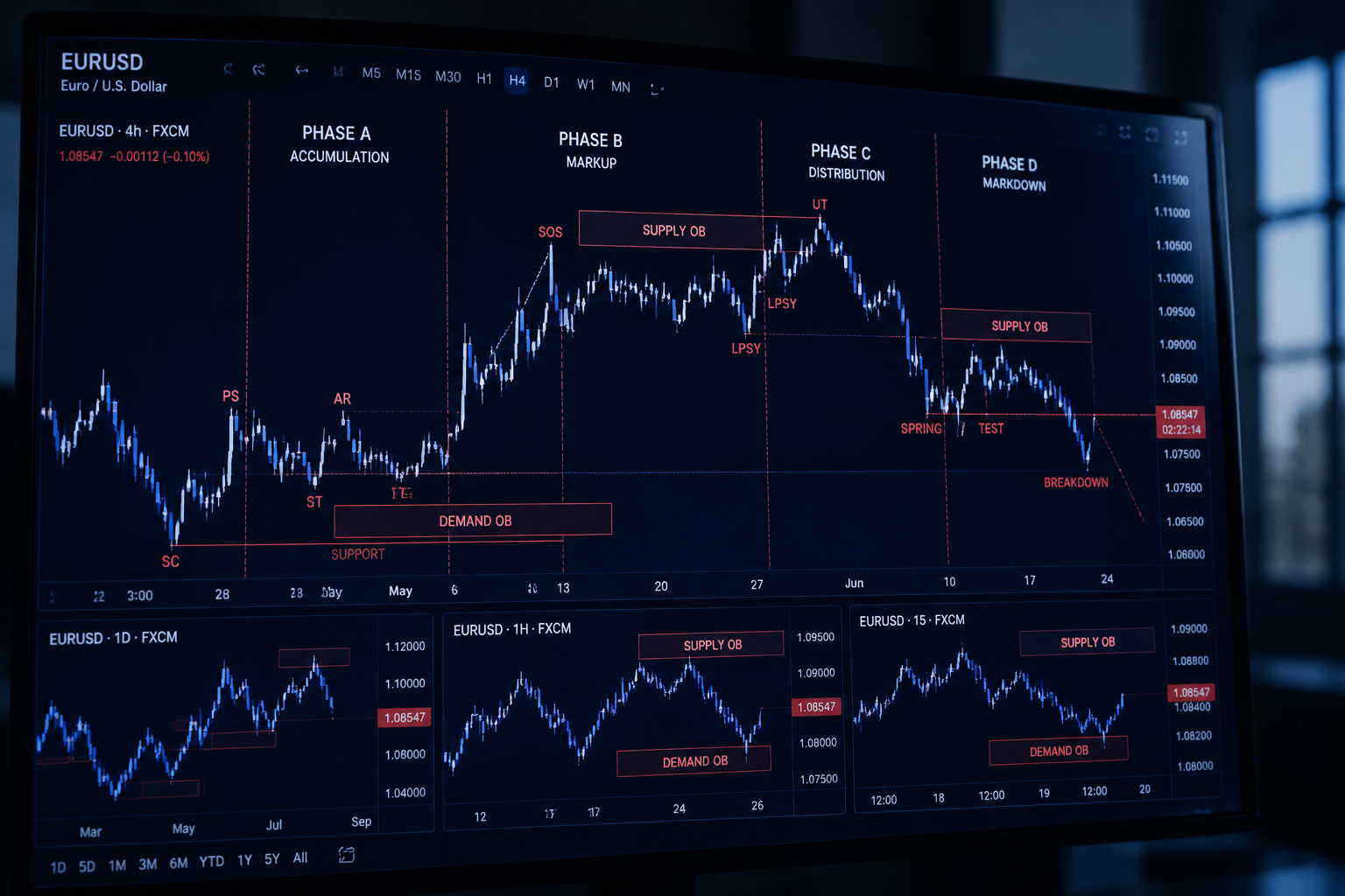 Pantalla con gráfico EURUSD y anotaciones de fase Wyckoff