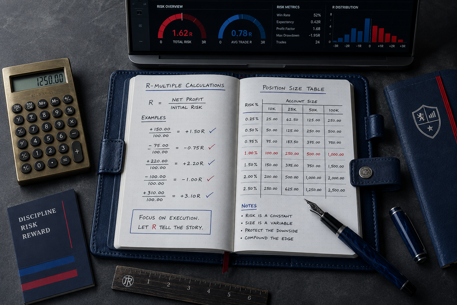 Cuaderno de operaciones con cálculos de R-múltiplo en Vértice Mercados